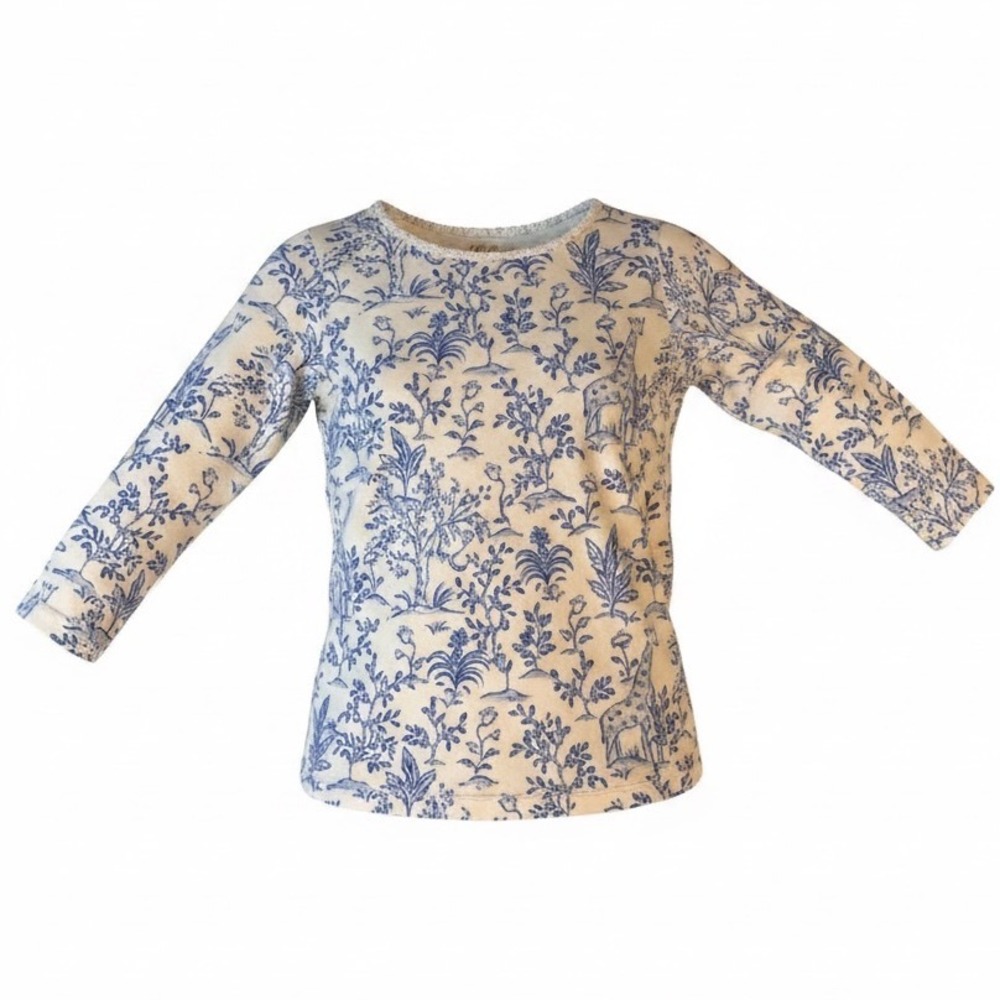 Lilly Pulitzer NWOT XXS Blue White Safari Toile Braided Neck Long Sleeve Top